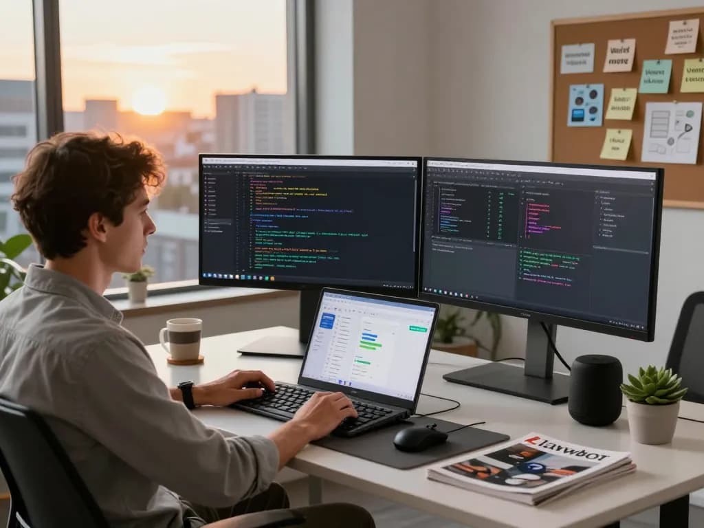 Developer integrating clawd bot in a modern workspace with code and tech gadgets.