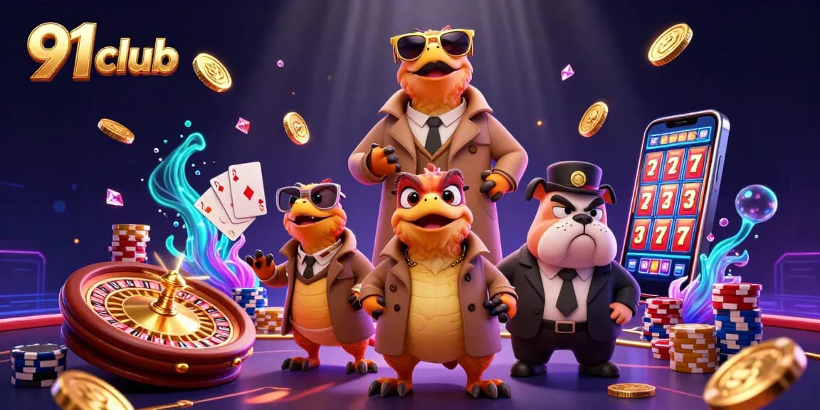 Experience thrilling gameplay with the 91 club as raptors sneak into a casino lounge.