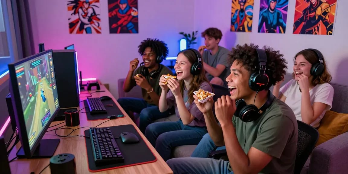 Diverse group enjoying a hentaigame session with laughter, snacks, and gaming equipment in a cozy living room.
