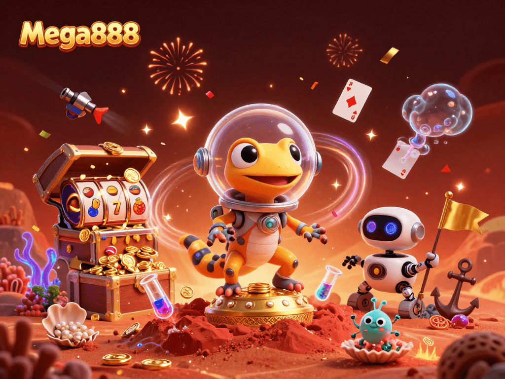Slot mega888 menarik di kasino berbentuk planet merah dengan harta karun.