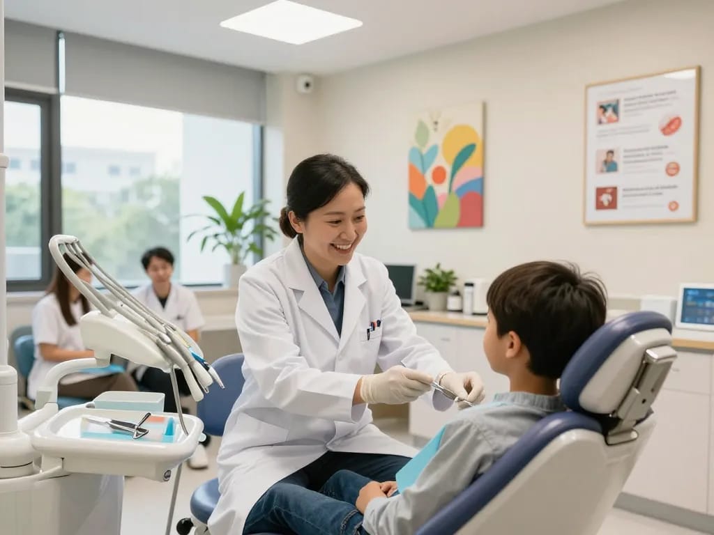 Dentist near me engaging with young patient in a friendly dental clinic, showcasing comfort and care.