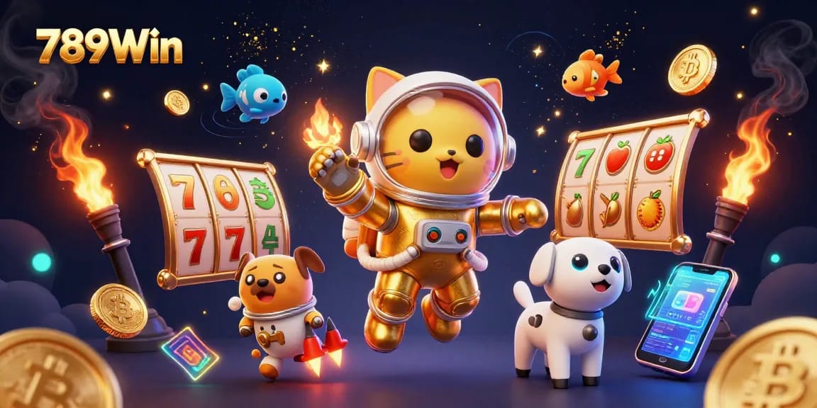 Engage with 789Win in a vivid 3D casino adventure featuring an astronaut cat and vibrant gaming elements.