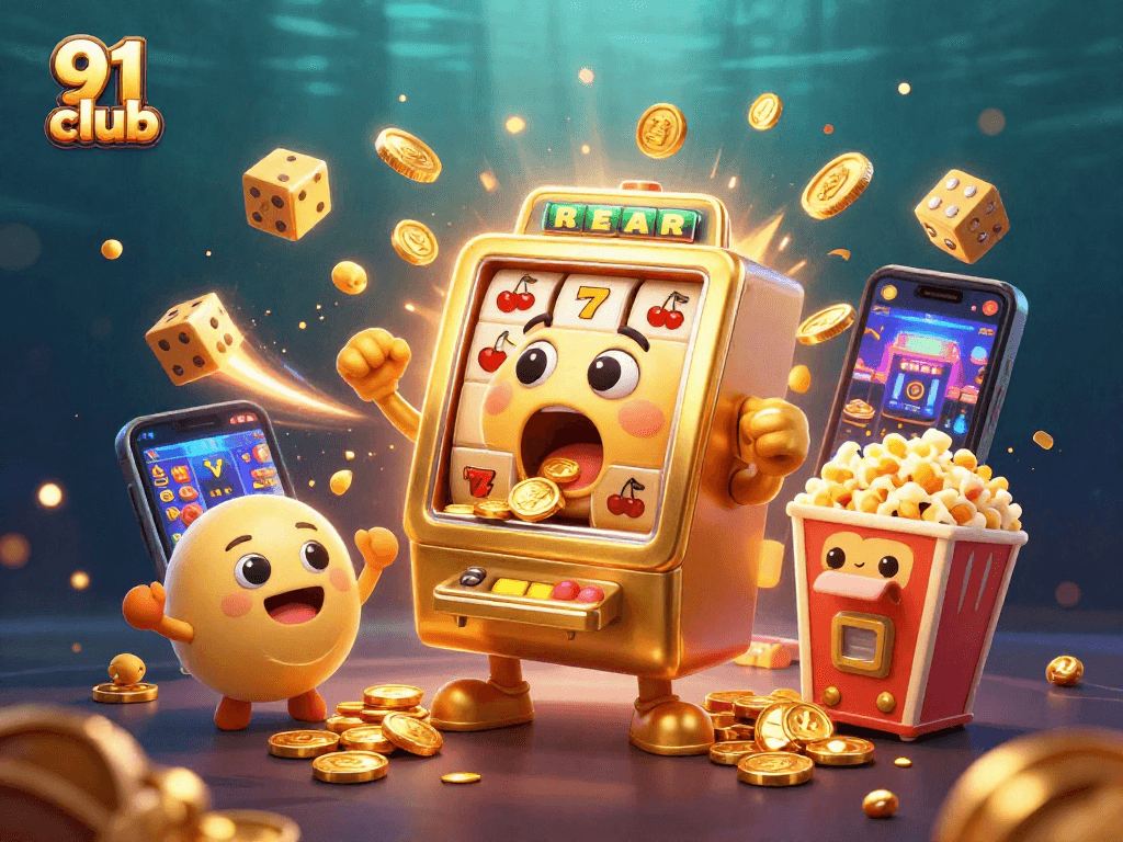 Engage in the exciting world of 91 club with dynamic slot machine characters celebrating a jackpot.