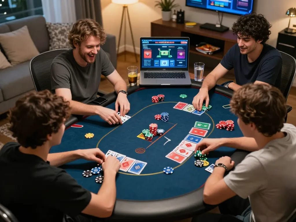 Players engaged in an online game bài đổi thưởng on their laptops, showcasing excitement and strategy.