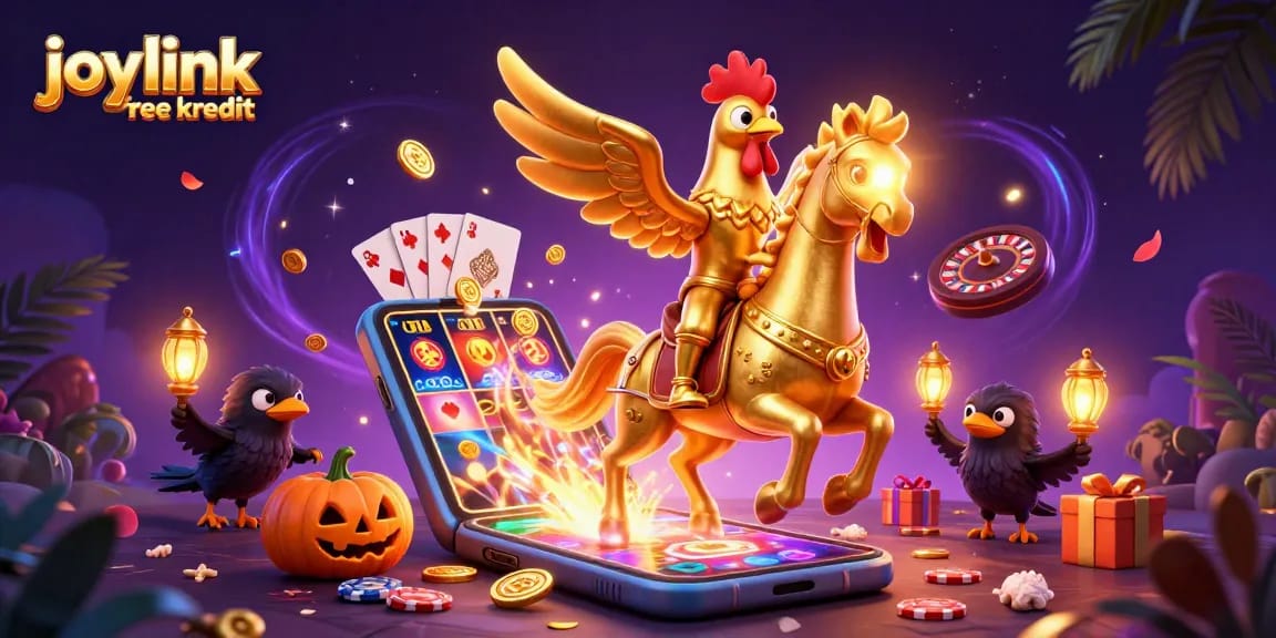 Engage in thrilling slots action with joylink free kredit at a vibrant casino illustrated scene.