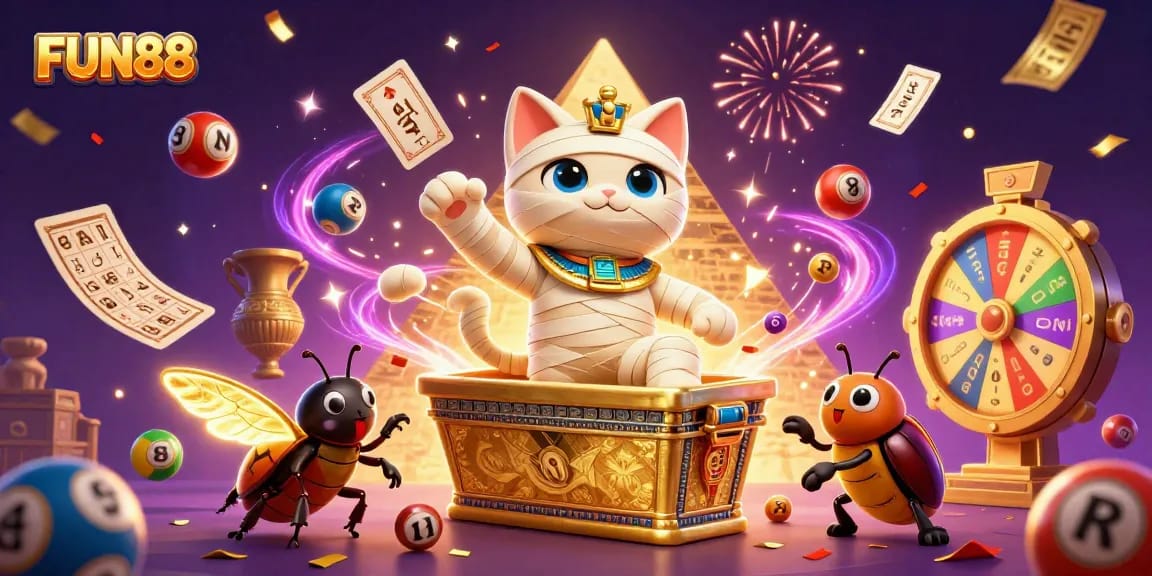 Engage with FUN88's dynamic gaming world featuring a vibrant 3D mummy and scarab in a casino