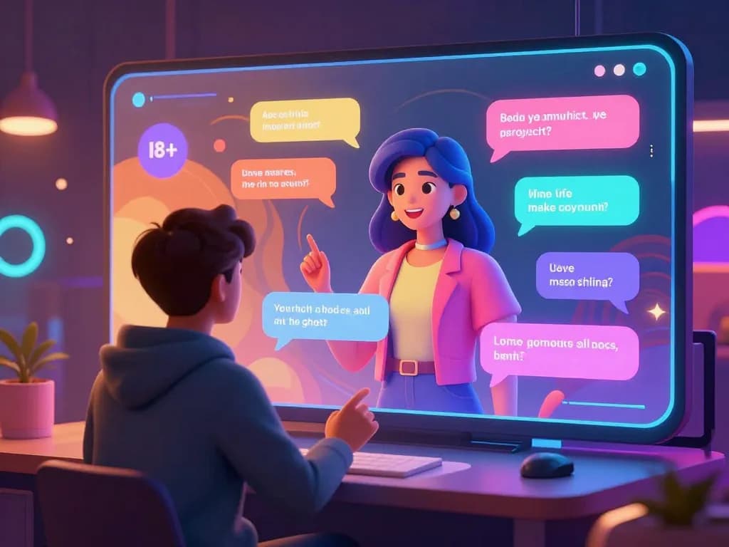 Immersive 18+ AI chat environment showcasing vibrant interaction with a stylized character.