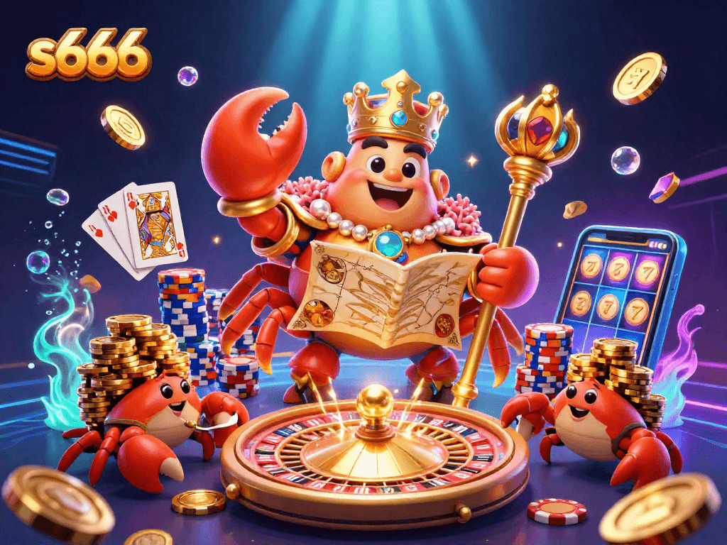 Experience the thrill of s666 with a golden crab emperor, treasure maps, and dynamic casino elements.