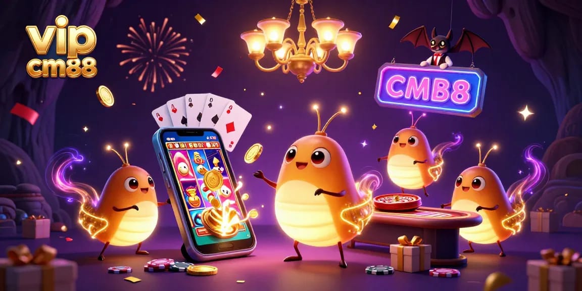 Experience the excitement of vip cm88 with animated glowworms illuminating a vibrant cave casino scene.