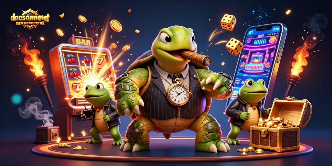 dacsandatphanrang features a cartoon turtle mobster and bullfrog enforcers winning big in a vibrant casino scene.