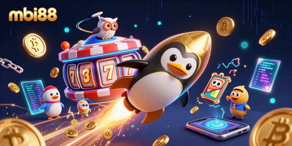 Experience thrilling games and promotions at mbi88 Casino with vibrant visuals of gold coins and slot reels.