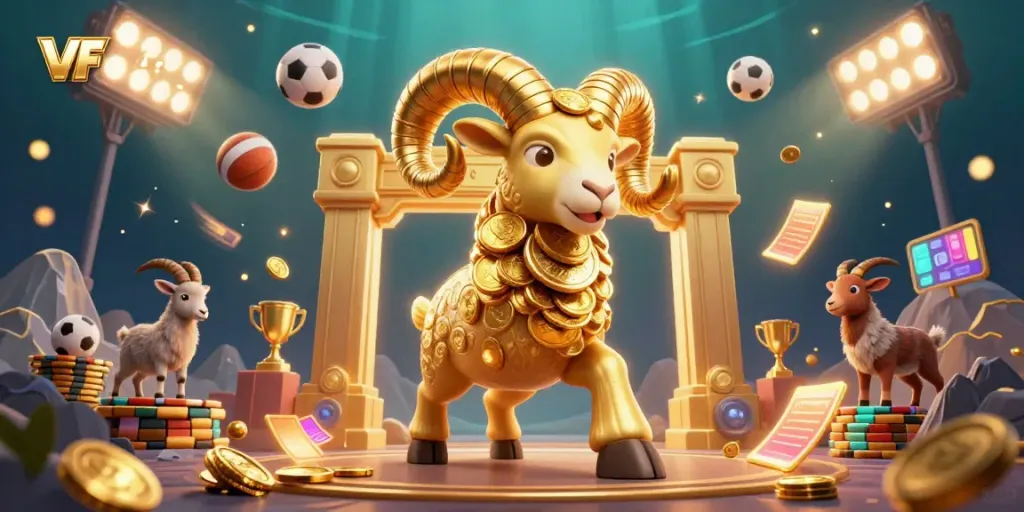 Experience thrilling gameplay at VF 555 with a dynamic casino scene featuring a golden ram and sports elements.