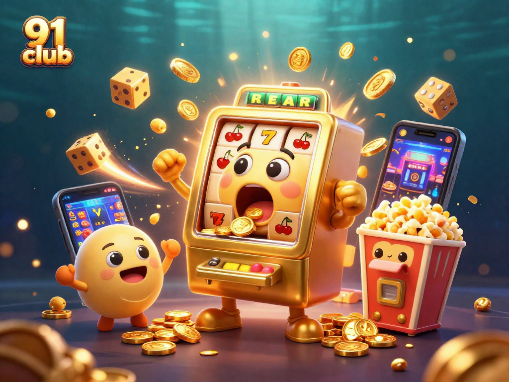 Engage in the exciting world of 91 club with dynamic slot machine characters celebrating a jackpot.
