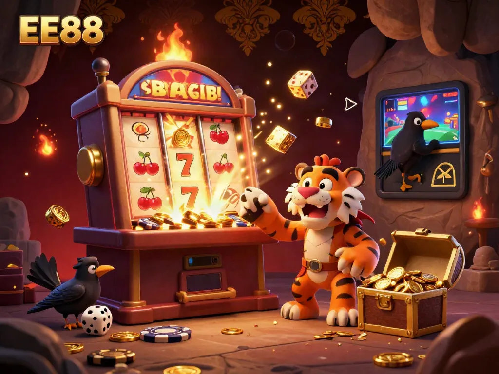 Join the excitement at EE88 with a 3D cartoon casino scene featuring cavemen and a sabertooth tiger!