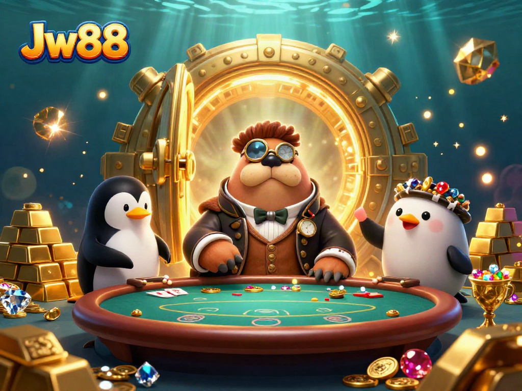 Experience thrilling gameplay with Jw88 at an underwater casino featuring a walrus, penguin dealer, and pufferfish player.
