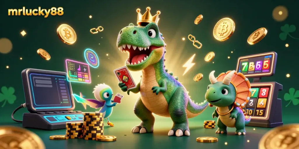 Engage with mrlucky88 as a T-Rex shuffles cards, T-Rex and friends amidst vibrant casino-themed elements.