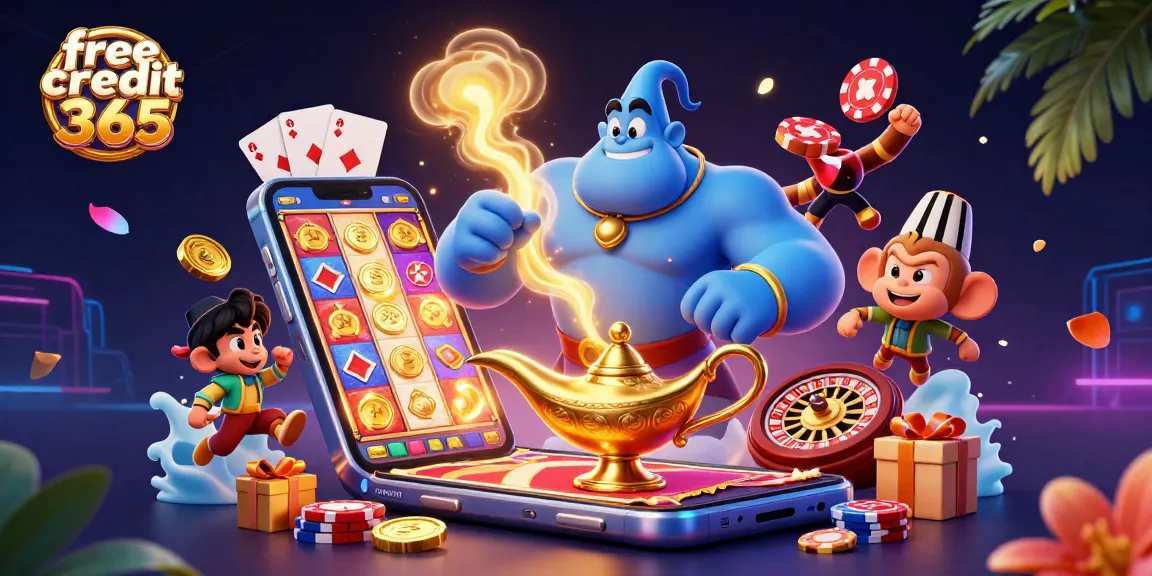 Win exciting bonuses with free credit 365 at vibrant online casinos, featuring a magical genie scene.