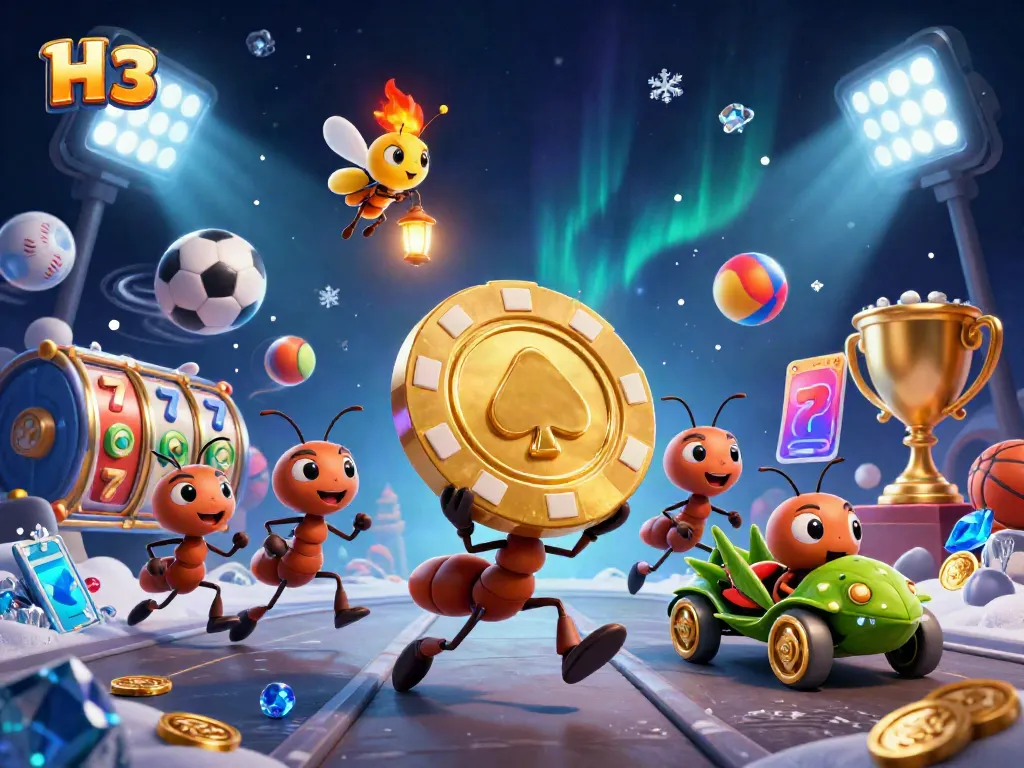 Engage in thrilling gameplay with the H 13 ants carrying a giant poker chip in this dynamic casino scene.