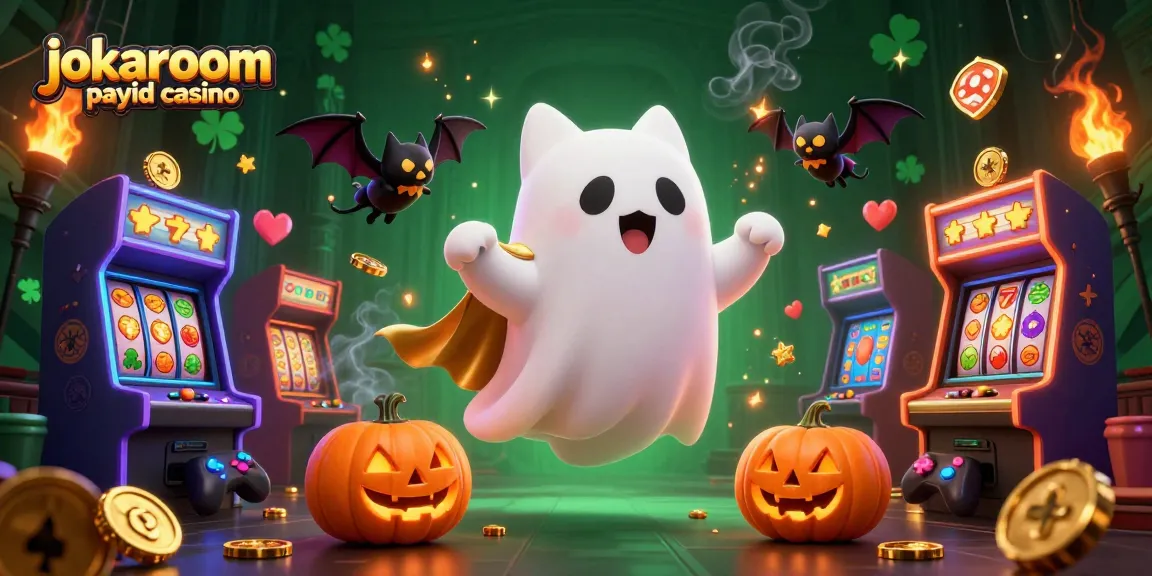 Engaging scene of jokaroom payid casino with ghost cat, bat, and vibrant casino elements.
