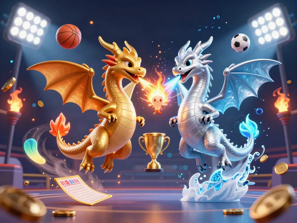 Experience excitement with joylink 2026 as twin dragons battle amid dynamic sports elements in a vibrant casino atmosphere.