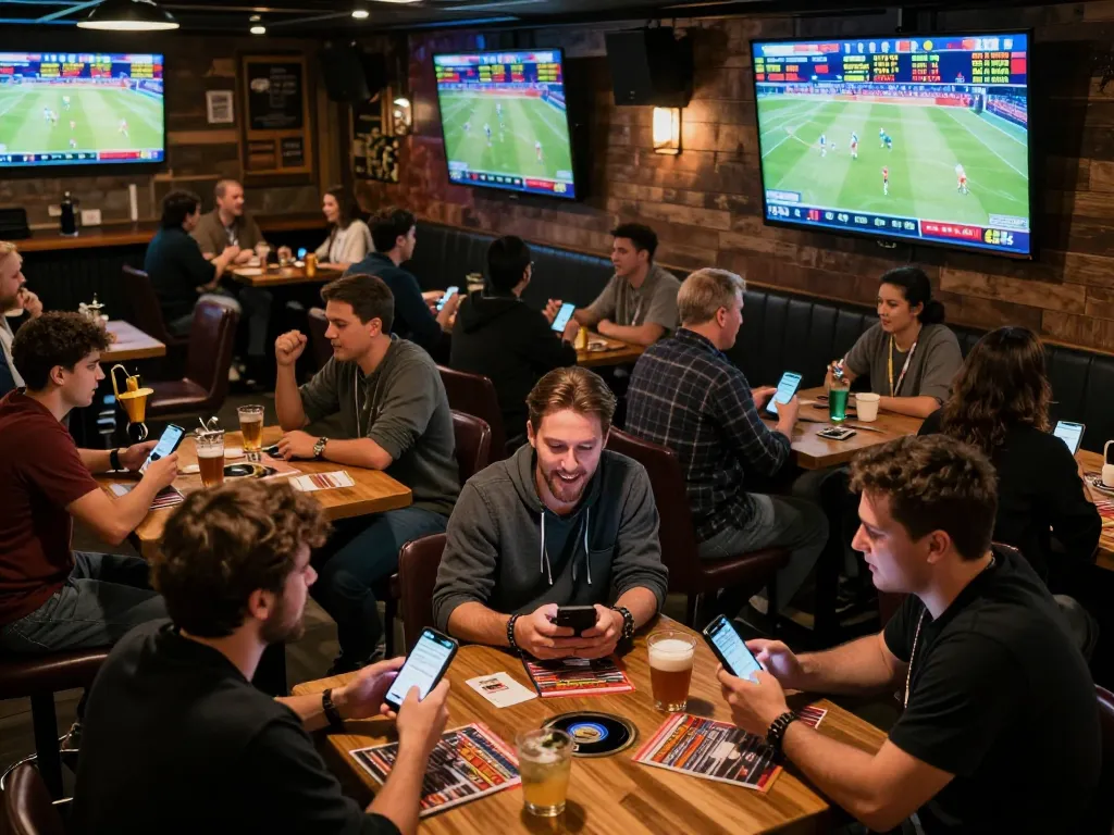 Fans actively engaging in keo nha cai hom nay while watching live matches at a bustling sports bar.