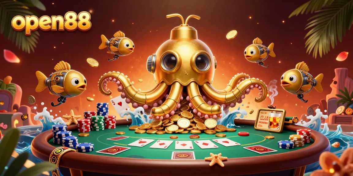 Engage with open88's thrilling casino experience, featuring a golden kraken and vibrant poker elements.