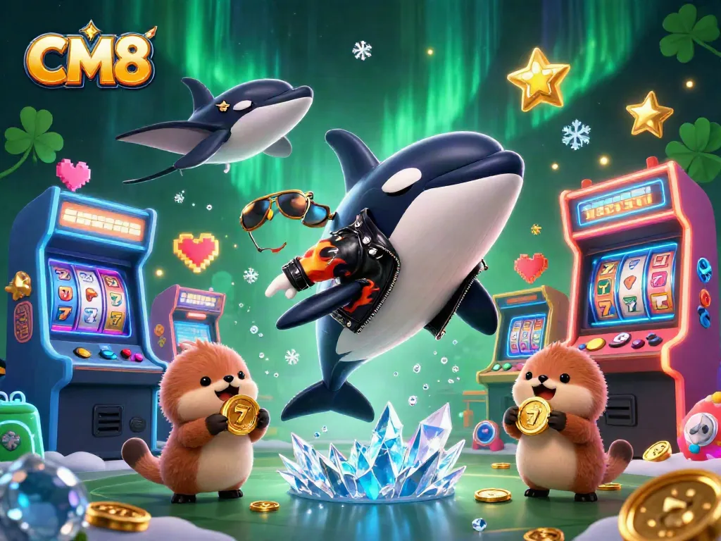 Engage in thrilling slots with CM8 in this vibrant 3D casino illustration featuring dynamic characters.
