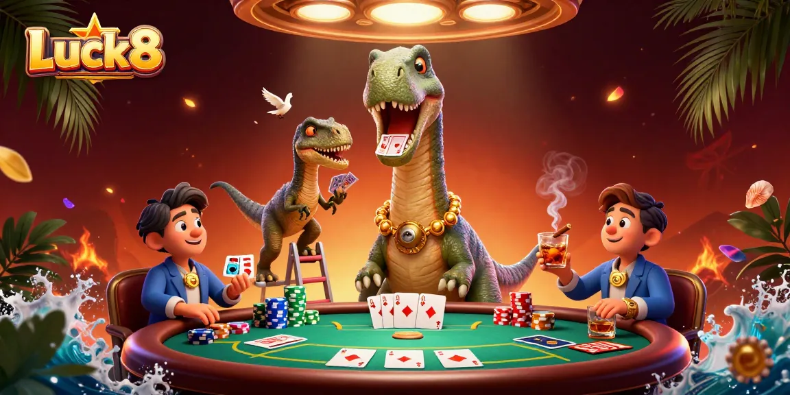 Luck8 players engage in a thrilling game with a giant brontosaurus and clever raptor dealer.