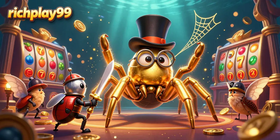 Enjoy thrilling slot adventures with richplay99, featuring a vibrant golden tarantula and knight in a dynamic casino scene.