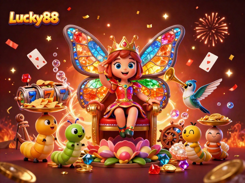 Play Lucky88 in this vibrant, immersive casino scene featuring thrilling slot game elements.