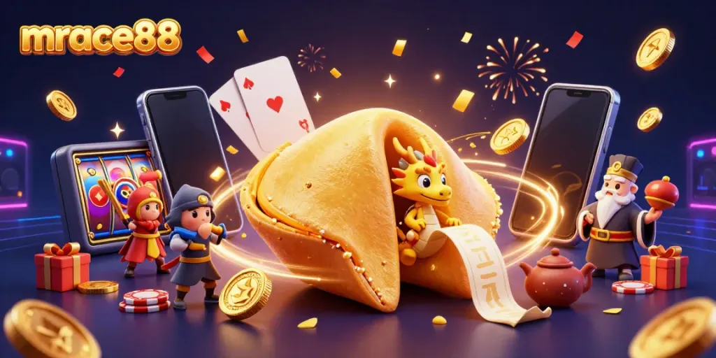 Excite with mrace88's vibrant gaming scene showcasing a fortune cookie universe filled with vibrant slot games and action.