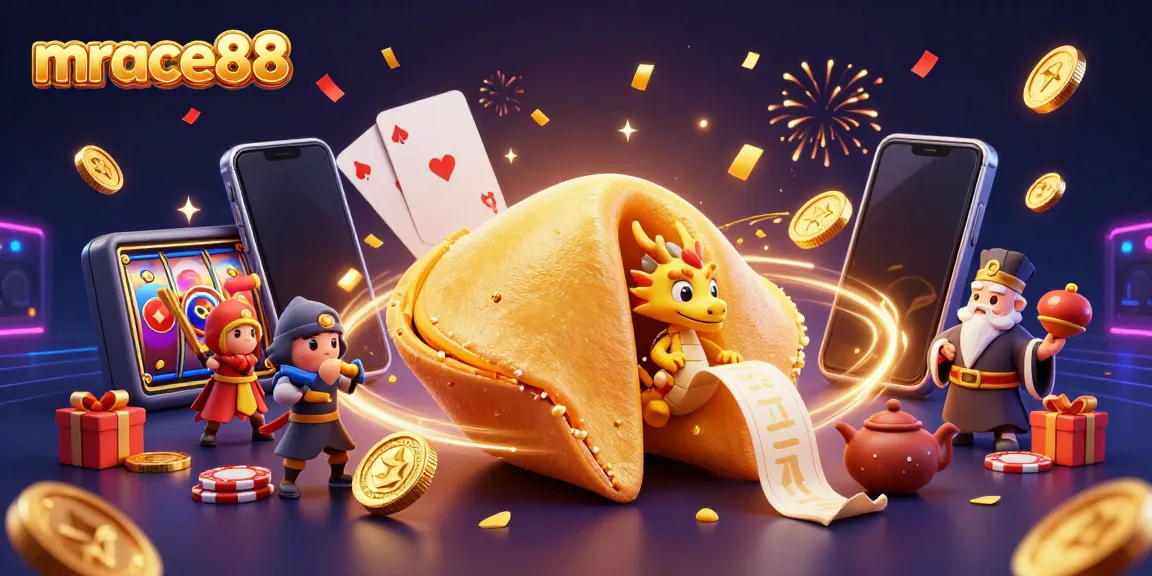 Excite with mrace88's vibrant gaming scene showcasing a fortune cookie universe filled with vibrant slot games and action.