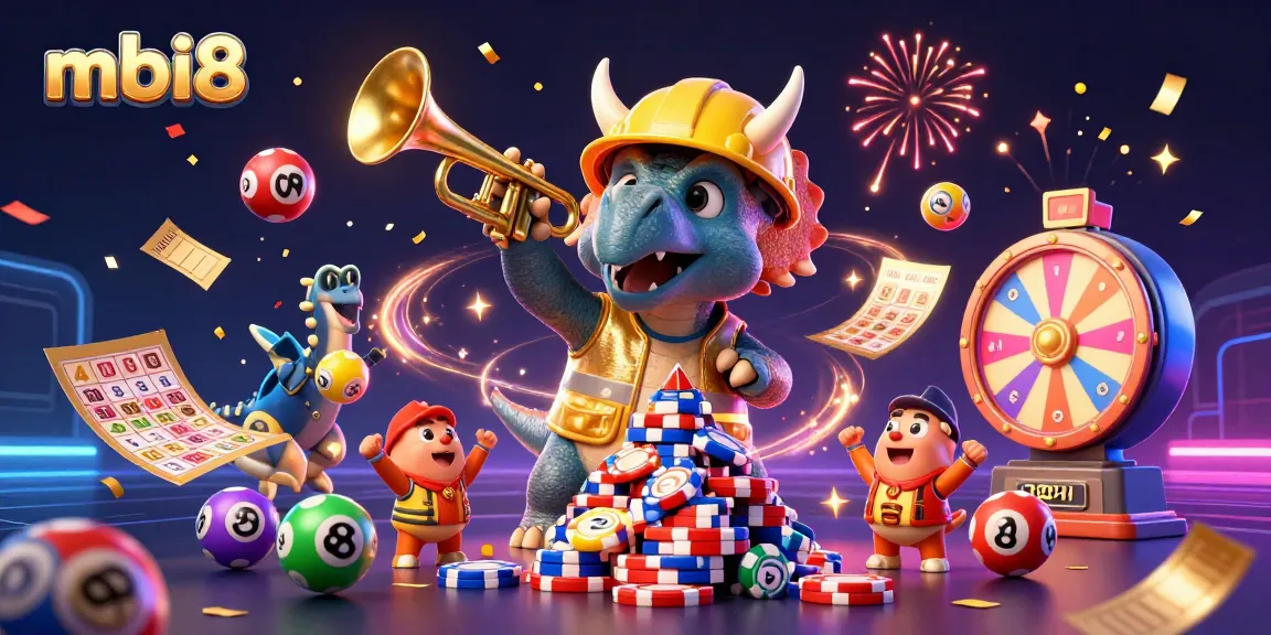 Join the festive action at mbi8 with vibrant casino elements and cartoon characters celebrating gaming wins.
