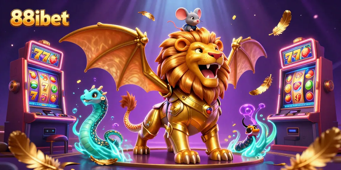 88ibet slots come alive with a roaring chimera and vibrant slot machines in a dynamic casino scene.
