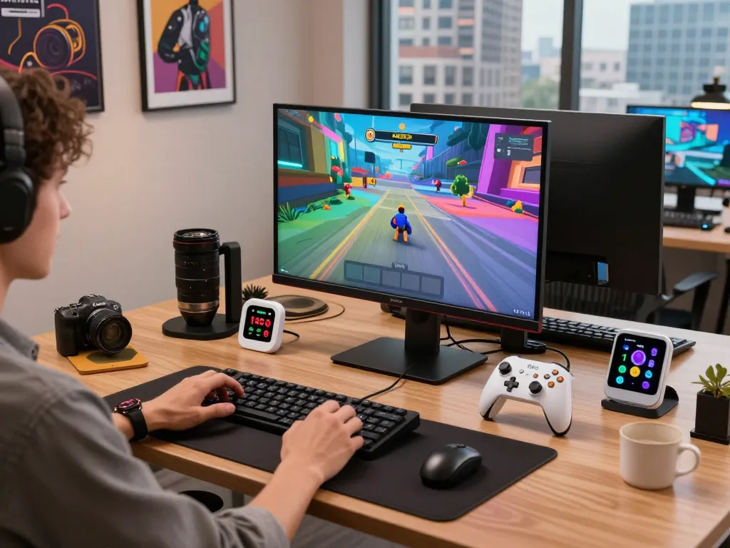 Explore unique tech gadgets in a modern workspace featuring gaming controllers, Bluetooth devices, and tech decor.