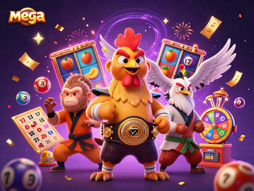 Engage in mega casino action with a vibrant scene of characters surrounded by slot reels and lottery balls.