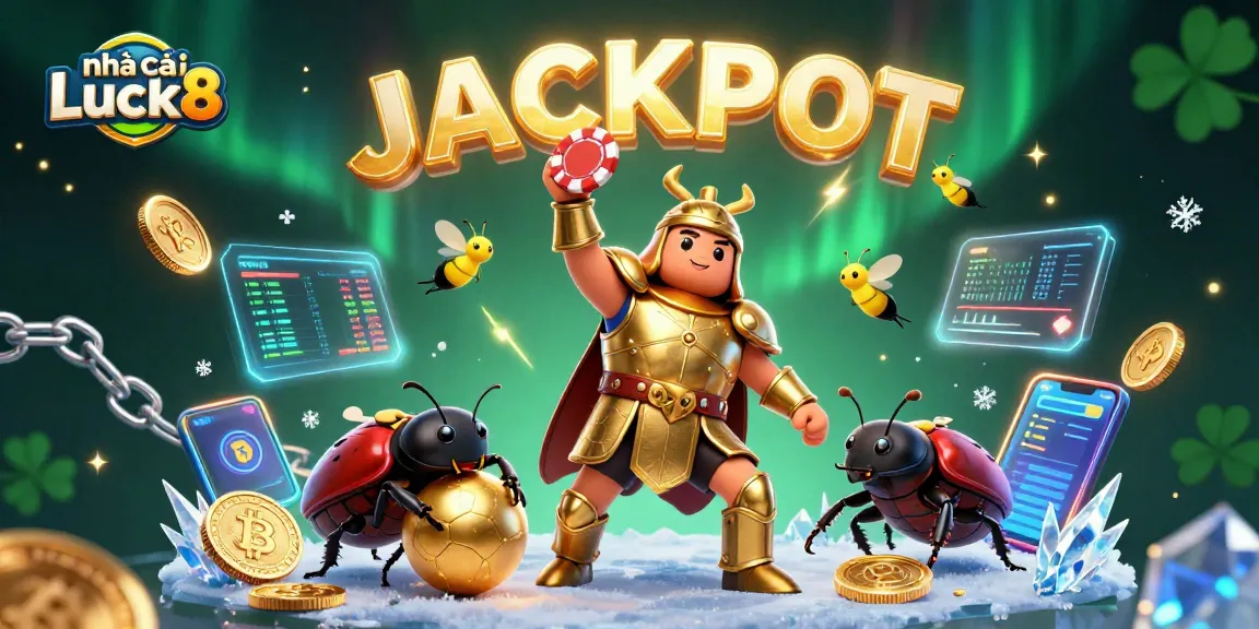 Engage with nhà cái Luck8 through a vivid 3D illustration showcasing a triumphant hero in a casino environment.