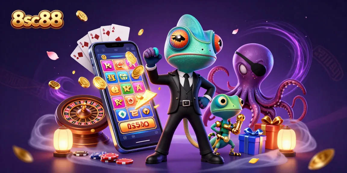 Engage in thrilling gameplay with 8sc88 featuring dynamic casino characters and spinning slot elements.