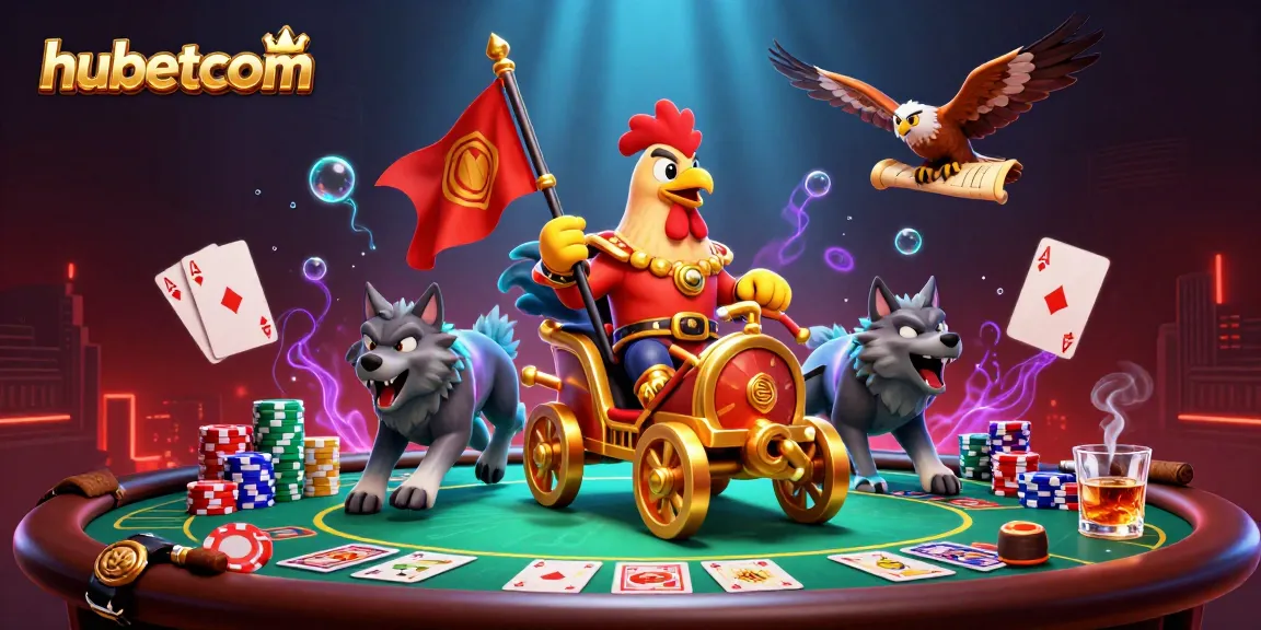 Win big at hubetcom with a vibrant scene of a rooster warlord and poker action illustrated.