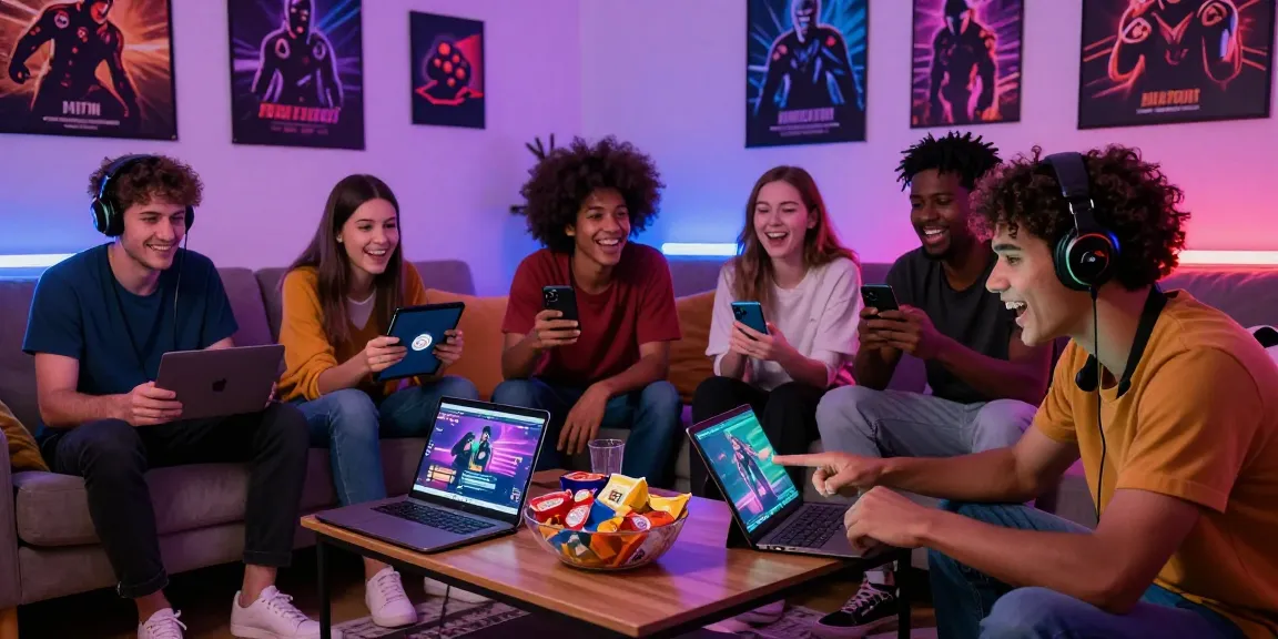 Gamers play porn games together on various devices in a lively living room atmosphere.