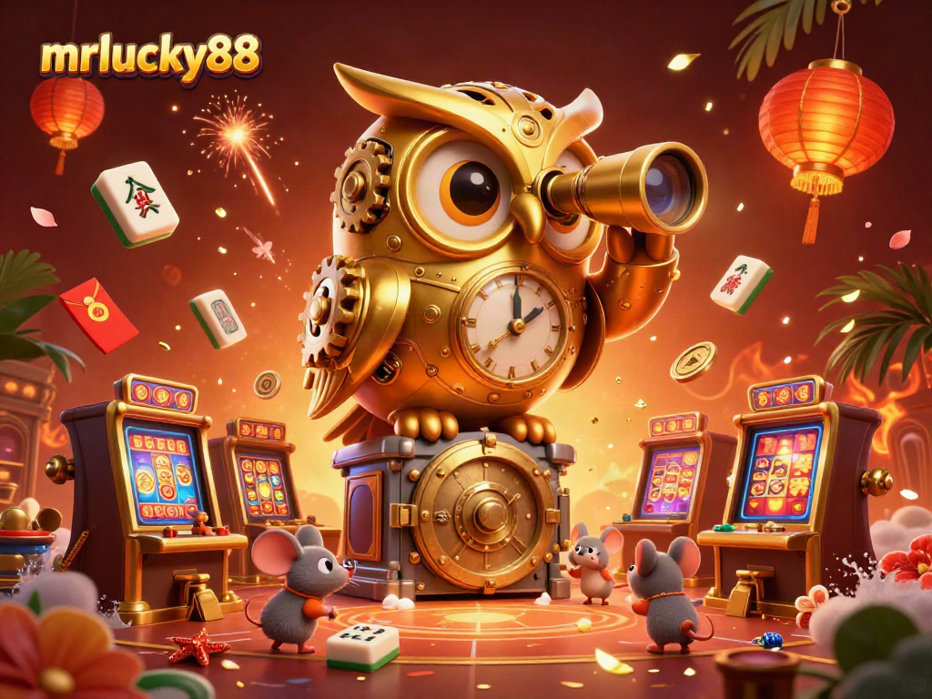 Join the fun at mrlucky88 with a cartoon golden owl scanning the vibrant casino floor filled with game elements.