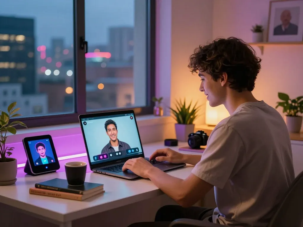 A young adult engaging in an AI sex chat with a virtual chatbot in a modern setting.