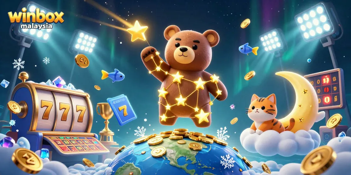 Winbox Malaysia players scoop coins from a vibrant 3D casino scene filled with slots and vibrant action.