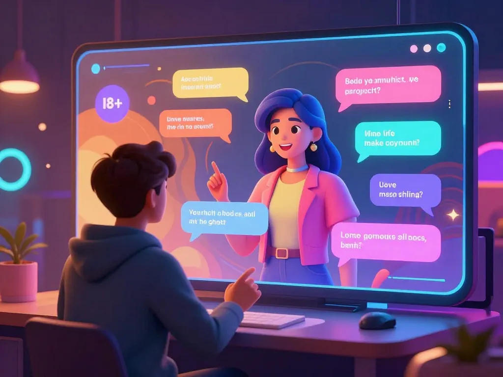Immersive 18+ AI chat environment showcasing vibrant interaction with a stylized character.