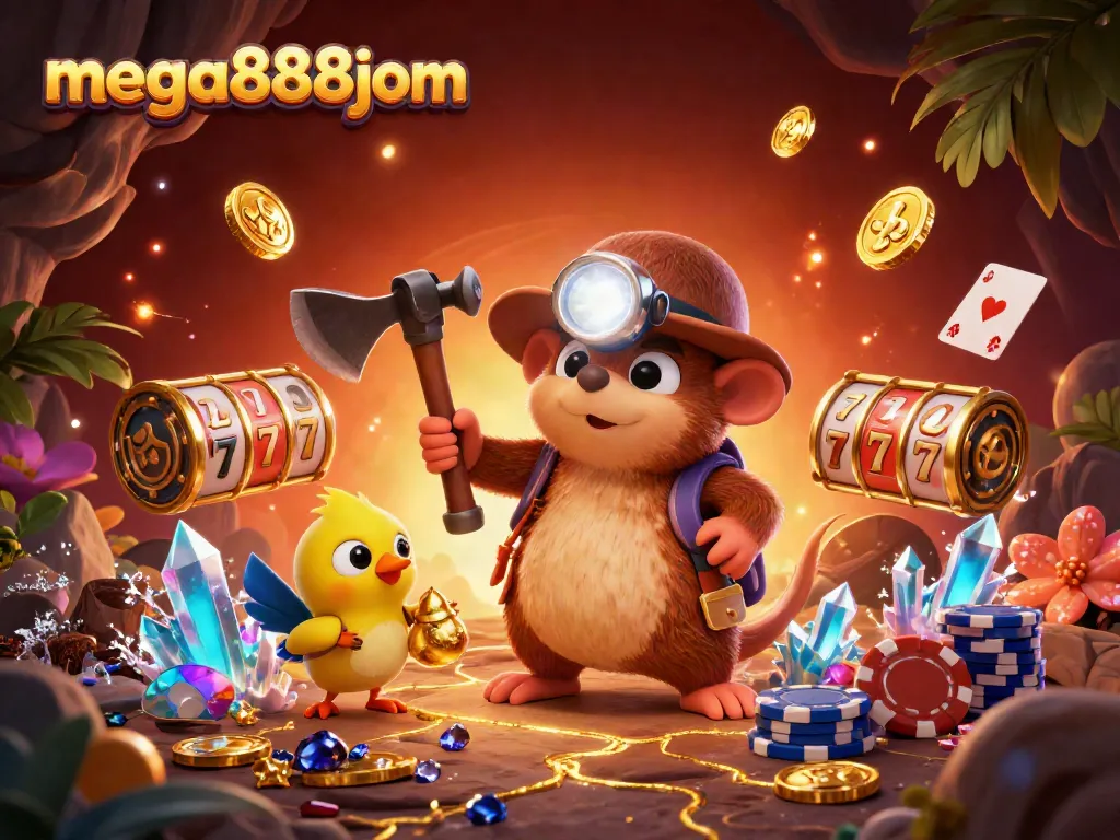 Engage in thrilling gaming at mega888jom with treasure hunter mole and vibrant casino elements.