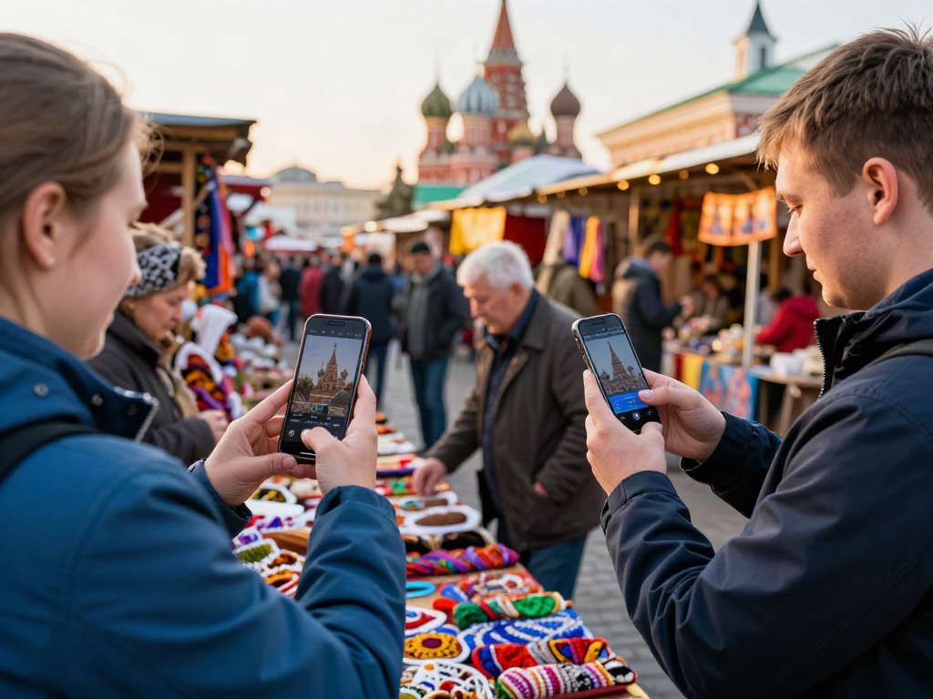 Pengunjung menggunakan https://payinrussia.com/ untuk membayar semasa berbelanja di pasar yang meriah di Russia.