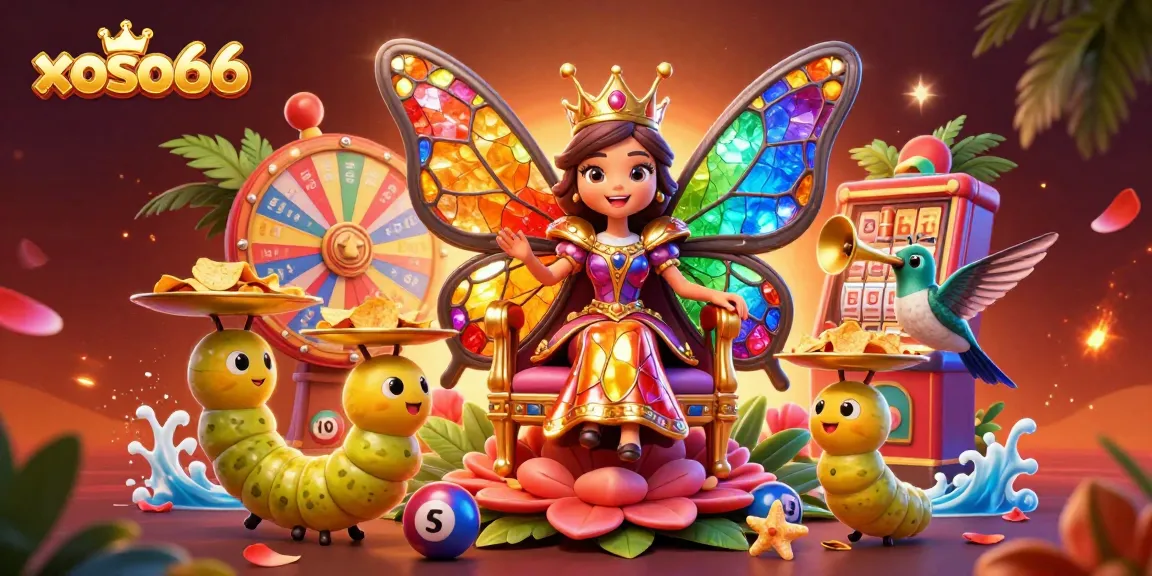 Engage with xoso66 lottery excitement featuring vibrant elements and a butterfly queen in a dynamic scene.
