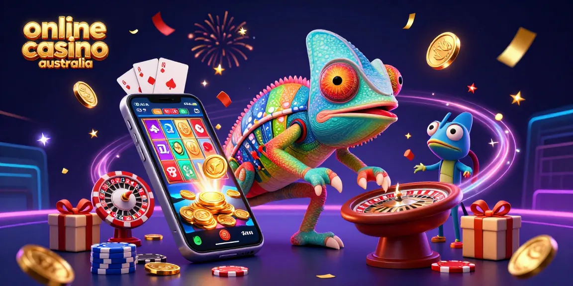 Experience the vibrant world of online casino Australia with a chameleon character in a colorful gaming scene.