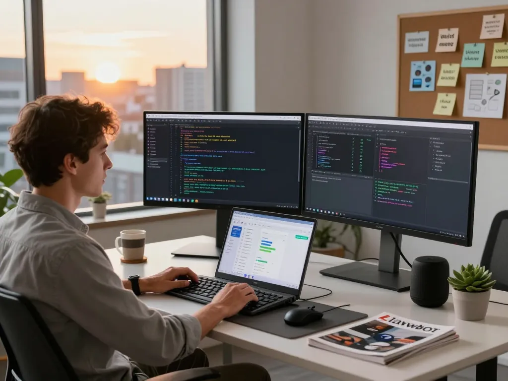 Developer integrating clawd bot in a modern workspace with code and tech gadgets.