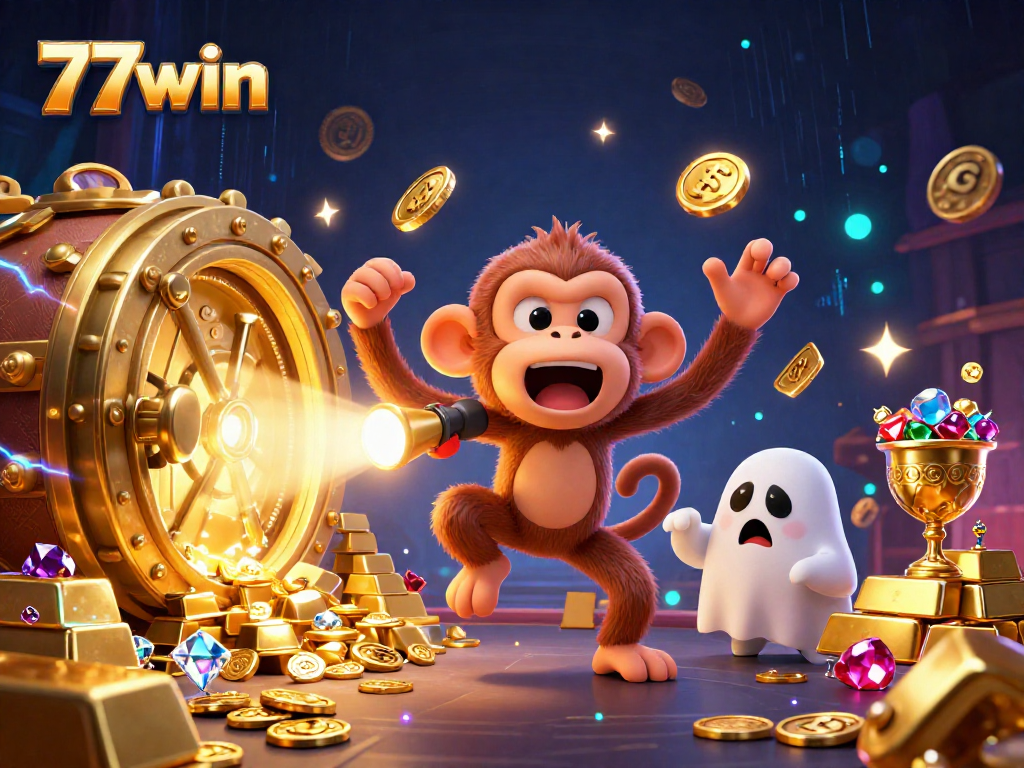 Experience the thrill of 77win with golden treasures and a playful ghost in a haunted casino atmosphere.